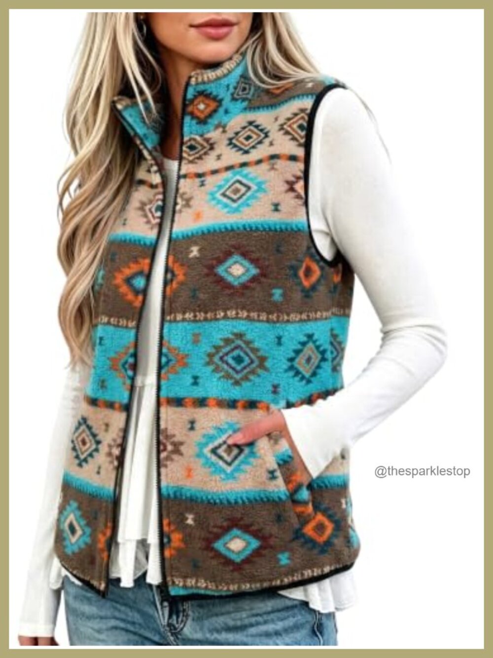 Aztec Print Fleece Vest Zip Up Stand Collar Western Sleeveless Jacket
